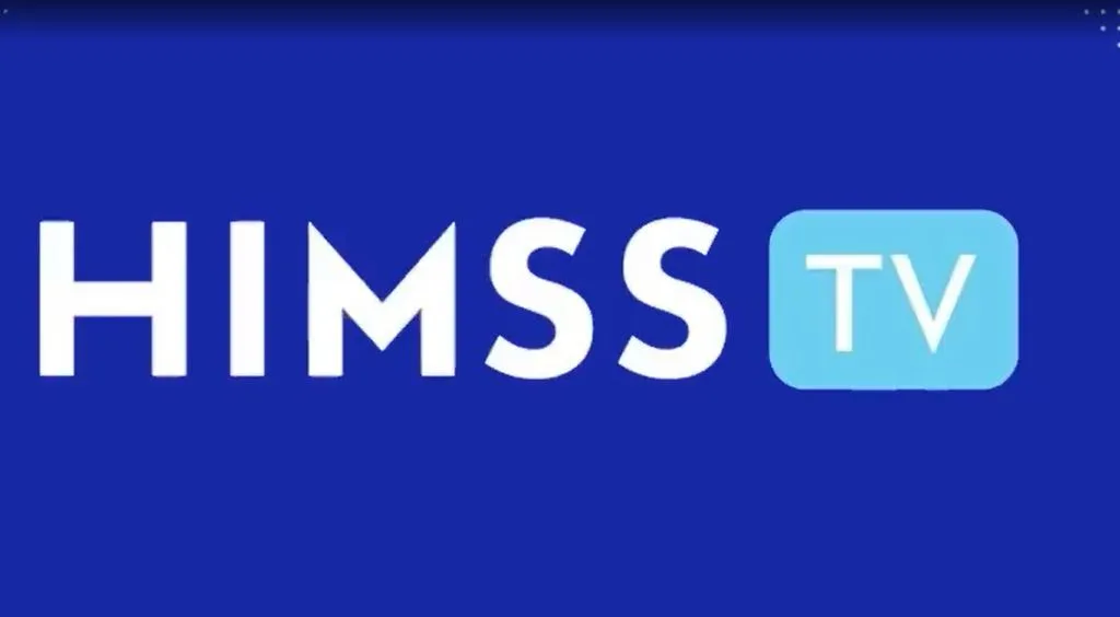 Logo of himss tv on a blue background, featuring white letters and a light blue rectangle around "tv".